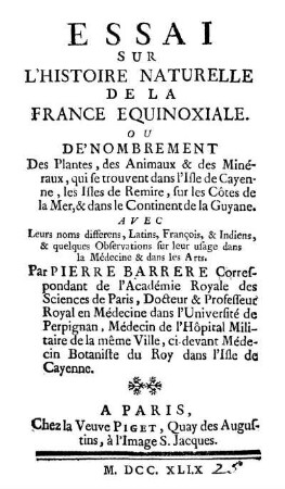 Essai sur l'histoire naturelle de la France équinoxiale