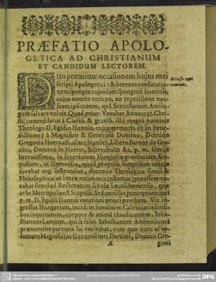 Praefatio Apologetica Ad Christianum Et Candidum Lectorem
