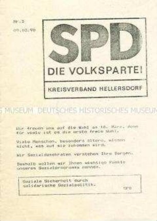 Wahlflugblatt des SPD-Kreisverbandes Hellerdorf zur Volkskammerwahl 18. März 1990 über Sozialpolitik