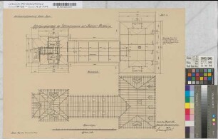 Abfertigungsgebäude des Güterschuppens auf Bahnhof Duisburg: Grundriß des Dachgeschosses, Sparrenanlage [2 Exemplare], M. 1:100