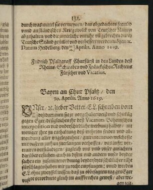 131-136, Bayrn an Chur Pfaltz den 30. Aprilis Anno 1619
