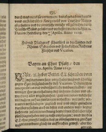 131-136, Bayrn an Chur Pfaltz den 30. Aprilis Anno 1619