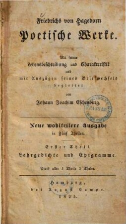 Poetische Werke : mit seiner Lebensbeschreibung und Charakteristik und mit Auszügen seines Briefwechsels, 1. Lehrgedichte und Epigramme