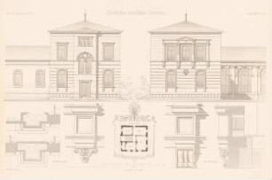 Städtische Vierordtbad, Karlsruhe: Grundriss Bademeisterwohnung, Ansicht, Details (aus: Atlas zur Zeitschrift für Bauwesen, hrsg. v. G. Erbkam, Jg. 24, 1874)