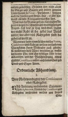 I. Von Nohtwendigkeit der Consulenten oder Rahtgeber