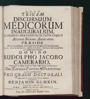 Trigam Discursuum Medicorum Inauguralium ...