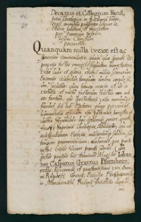 Testimonium der theol. Fakultät für Mag. Johann Kaspar Gravius aus Pforzheim, Sohn des Vorstehers der Pforzheimer Kirche, Rupert Gravius .