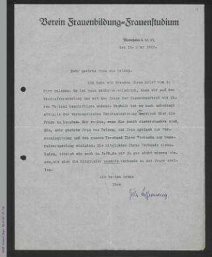 Brief von Julie Bassermann an Dorothee von Velsen