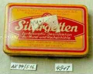 Blechdose für "Silargetten zur Adsorptiv-Desinfektion der Mund- und Rachenhöhle"
