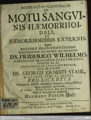 Dissertatio Inauguralis De Motu Sanguinis Haemorrhoidali, Et Haemorrhoidibus Externis