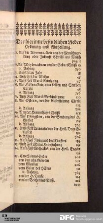 Der hierinne befindlichen Lieder Ordnung und Abtheilung.