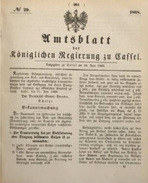 № 29. Ausgegeben zu Cassel am 30. Juni 1868.