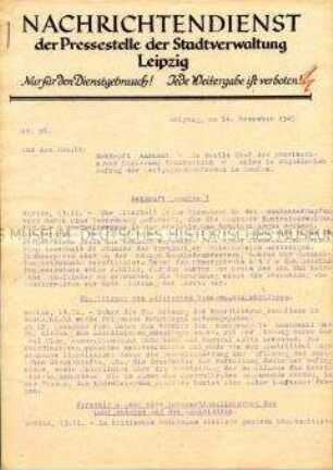 Internes Nachrichtendienst der Stadtverwaltung Leipzig u.a. zur Ernennung von deGaulle zum Chef der provisorischen Regierung Frankreichs und über den Prozeß gegen die KZ-Verantwortlichen von Bergen-Belsen und Auschwitz ("Nur für den Dienstgebrauch")