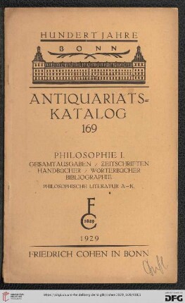Nr. 169: Antiquariatskatalog / Friedrich Cohen, Buchhandlung und Antiquariat