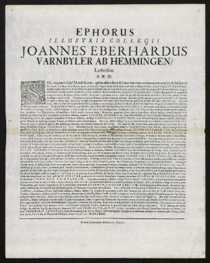 Ephorus Illustris Collegii Joannes Eberhardus Varnbyler ab Hemmingen, Lectoribus S. P. D.