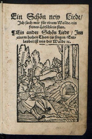 Ein Schœn new Liedt/|| Jch sach mir fuer einem Walde/ ein || feines Hirschlein stan.|| Ein ander Schœn Liedt/ Jnn || einem hohen Thon/ zu singen/ Ent=||laubet ist vns der Walde [et]c.||