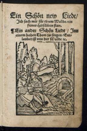 Ein Schœn new Liedt/|| Jch sach mir fuer einem Walde/ ein || feines Hirschlein stan.|| Ein ander Schœn Liedt/ Jnn || einem hohen Thon/ zu singen/ Ent=||laubet ist vns der Walde [et]c.||