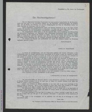 Rundschreiben zu einem Fragebogen der Auskunftstelle für die Gemeindeämter der Frau des ADF Frankfurt