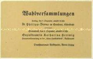 Ankündigung von zwei Versammlungen der Deutschnationalen Volkspartei am 5. und 6. Dezember 1924 zur bevorstehenden Reichstagswahl