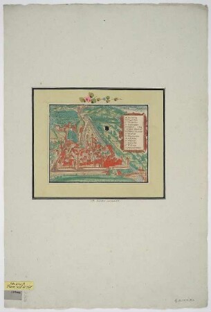 Stadtansicht von Feldkirch, kolorierter Holzschnitt, um 1550 : Veldkirch. - [Basilea] : [H. Petri] , [1550]. - 1 Vogelschaubild : kolor. Holzschnitt ; 19 x 15 cm S oben. - Titel oben rechts. - Erklärungskartusche Mitte rechts. - Mit 1 Wappen. - Aus: Cosmographia universalis / Sebastian Münster