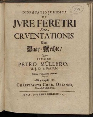 Disputatio Juridica De Jvre Feretri Sive Crventationis
