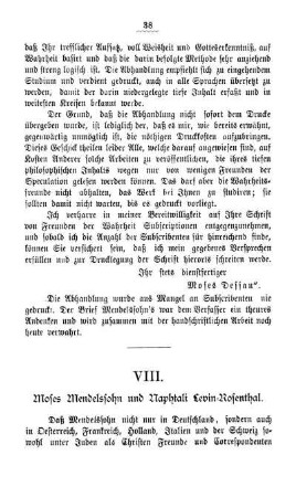 VIII. Moses Mendelssohn und Naphtali Levin-Rosenthal.