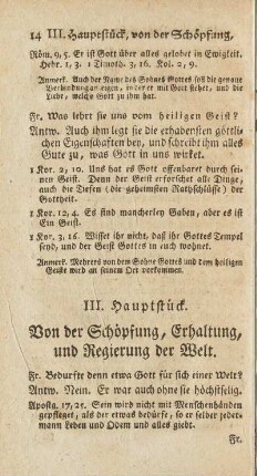 III. Hauptstück. Von der Schöpfung, Erhaltung und Regierung der Welt.