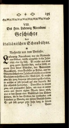 VIII. Des Hrn. Ludewig Riccoboni Geschichte der italiänischen Schaubühne