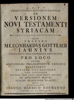 Observationes Historico-Criticae In Versionem Novi Testamenti Syriacam