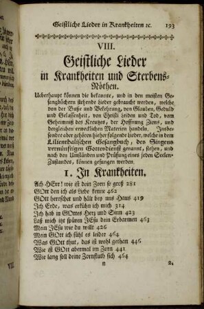 VIII. Geistliche Lieder in Krankheiten und Sterbens-Nöthen. - Zugabe einiger erbaulicher Lieder.