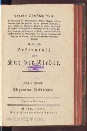 1: Ueber die Erkenntniß und Kur der Fieber, Erster Band, Allgemeine Fieberlehre
