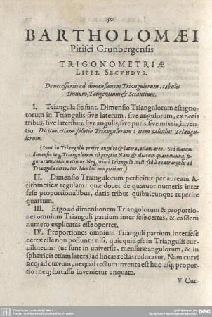 Liber Secundus. De nessariis dimensionem Triangulorum, tabulis Sinuum, Tangentium et Secantium.
