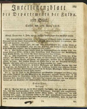 12tes Stück. Cassel den 21ten März 1808