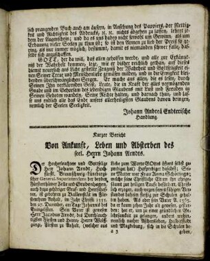 Kurzer Bericht von Ankunft, Leben und Absterben des seel. Herrn Johann Arndts.