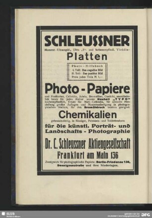 Werbung: Schleussner Platten, Photo-Papiere, Chemikalien, Frankfurt am Main