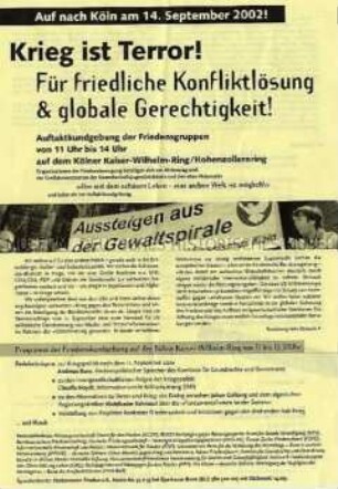 Propagandaflugblatt für friedliche Konfliktlösung mit dem Aufruf zu einer Großkundgebung in Köln