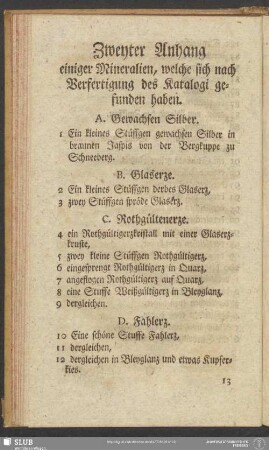 Zweyter Anhang einiger Mineralien, welche sich nach Verfertigung des Katalogi gefunden haben