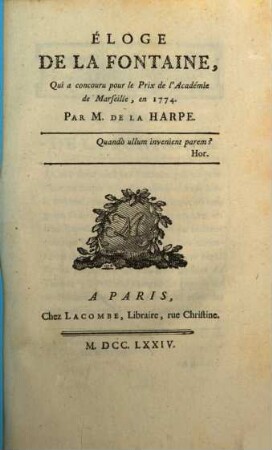 Éloge de LaFontaine : qui a concouru pour le prix de l'Académie de Marseille, en 1774