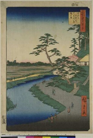 Bashōs Einsiedlerhütte am Kamelien Berg neben dem Sekiguchi Aquädukt, Blatt 40 aus der Serie: 100 berühmte Ansichten von Edo