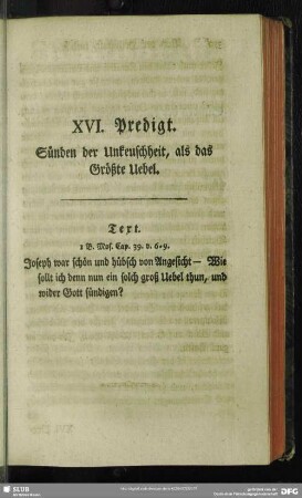 XVI. Predigt. Sünden der Unkeuschheit, als das Größte Uebel