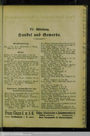 IV. Abteilung. Berufsklassen und Gewerbebetriebe : IV. Abteilung. Handel und Gewerbe