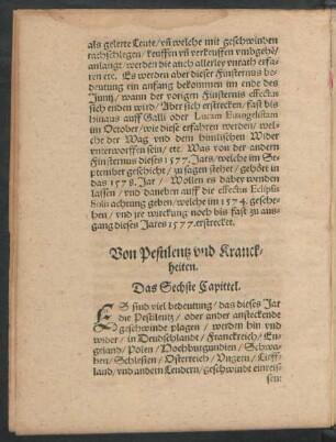 Von Pestilentz und Kranckheiten. Das Sechste Capittel.
