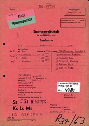 Strafverfahren gegen Friedrich Boßhammer (*20.12.1906, +17.12.1972) u.a. wegen der Beihilfe zum Mord im Rahmen der "Endlösung der Judenfrage", insbesondere aufgrund der Deportation und Ermordung von mindestens 3336 Juden aus Italien, die er als Leiter des Judenreferats IV B 4 des BdS (Befehlshaber der Sicherheitspolizei und des SD) in Verona ab 1944 als Mittäter durchführte