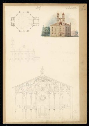 Kirche Monatskonkurrenz Juli 1841: Grundriss, Aufriss Eingangsseite, Südseite, Querschnitt; 2 Maßstabsleisten
