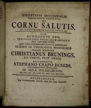 Dissertatio Inauguralis Theologico-Exegetica De Cornu Salutis, Ad Illustrandum Locum Luc. I, 69.