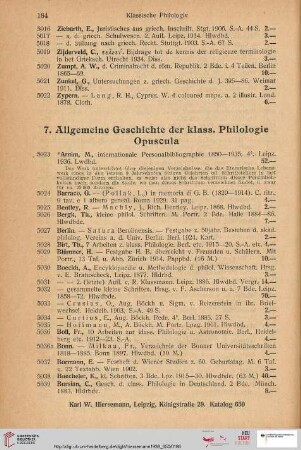 7. Allgemeine Geschichte der klass. Philologie Opuscula (Nr. 5023 - 5221)