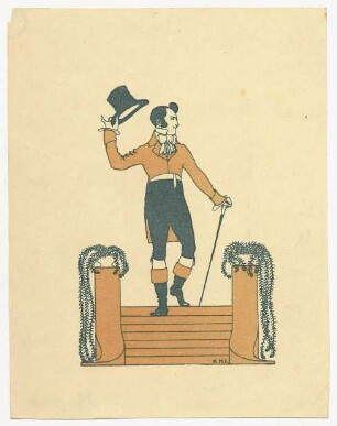 Einladungskarte? : Mann in historisierender Kleidung von um 1800 steigt eine Treppe herunter, blickt zur Seite und grüßt mit dem Zylinder; signiert