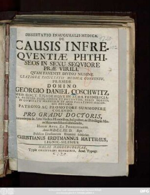 Dissertatio Inauguralis Medica. De Causis Infreqventiæ Phthiseos In Sexu Seqviore Præ Virili.