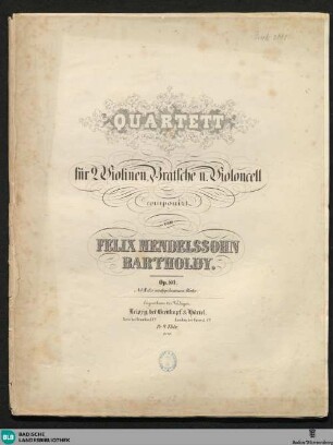Quartett für 2 Violinen, Bratsche u. Violoncell : op. 80. No. 8 der nachgelassenen Werke