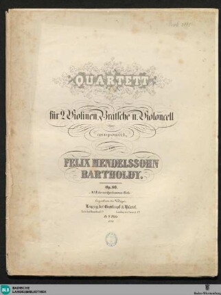 Quartett für 2 Violinen, Bratsche u. Violoncell : op. 80. No. 8 der nachgelassenen Werke